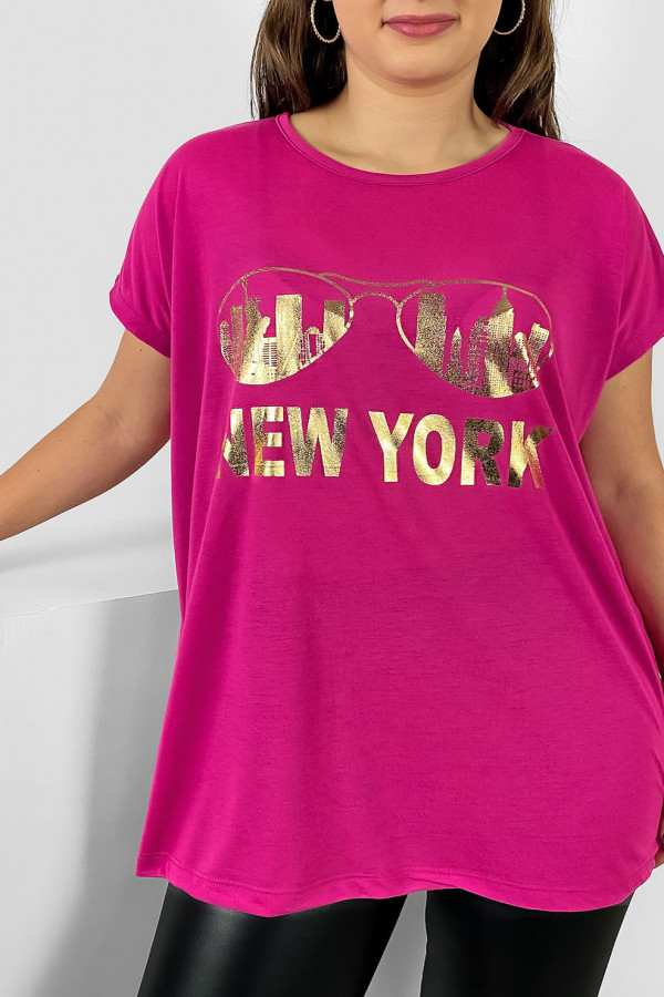 Nietoperz T-shirt damski plus size w kolorze fuksji złoty print okulary New York 3
