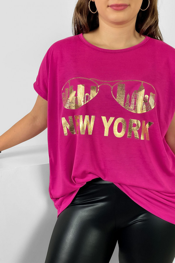 Nietoperz T-shirt damski plus size w kolorze fuksji złoty print okulary New York 1