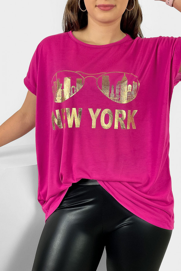 Nietoperz T-shirt damski plus size w kolorze fuksji złoty print okulary New York 2