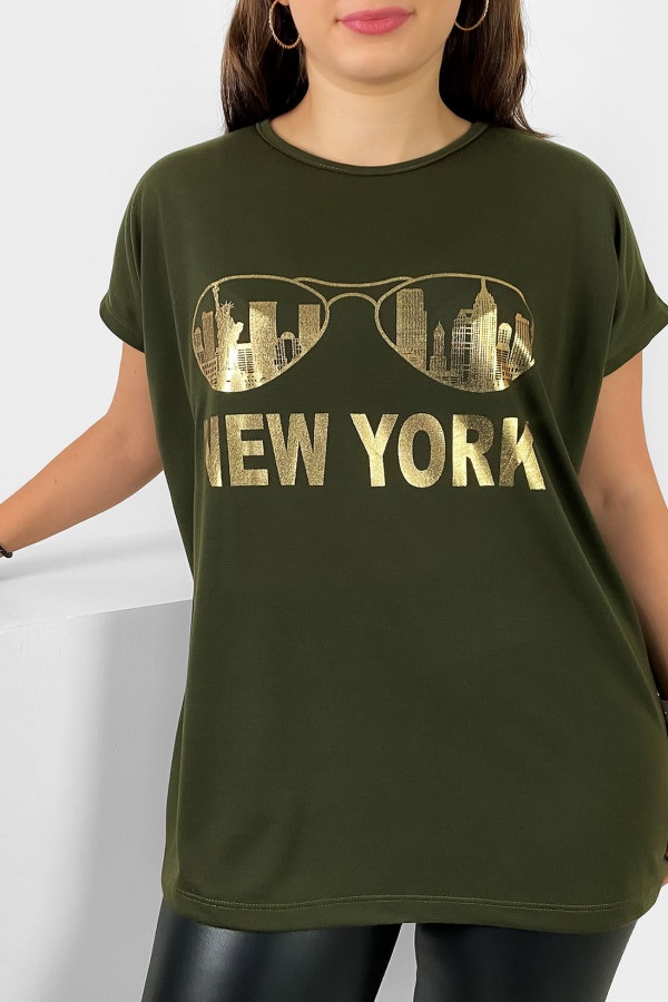 Nietoperz T-shirt damski plus size w kolorze khaki złoty print okulary New York 2