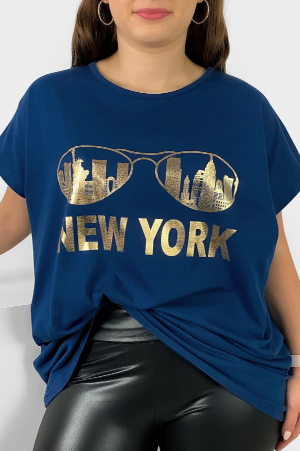 Nietoperz T-shirt damski plus size w kolorze dark blue złoty print okulary New York