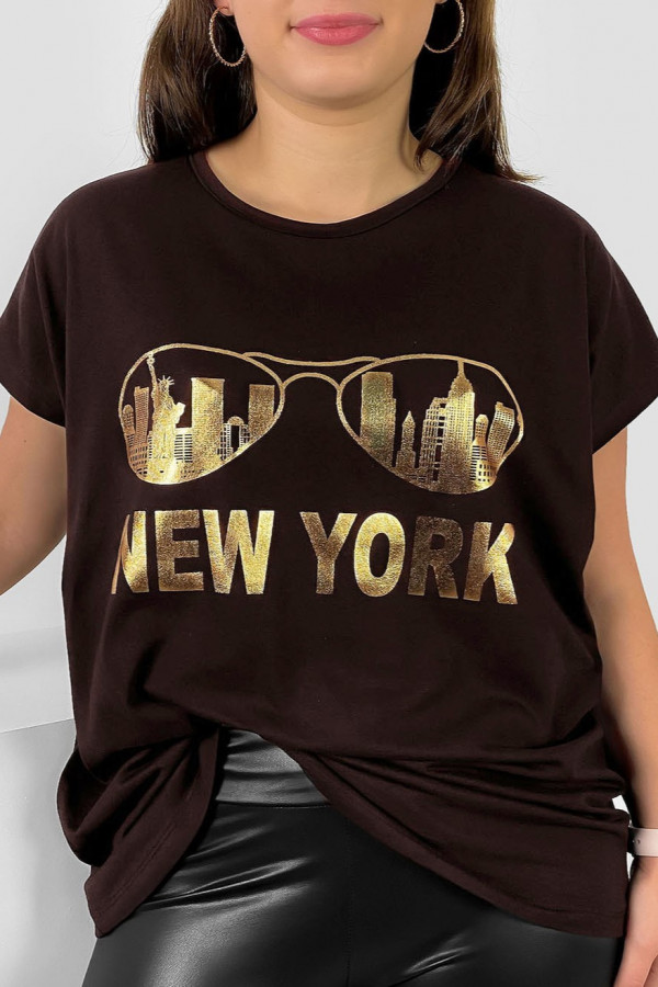 Nietoperz T-shirt damski plus size w kolorze gorzkiej czekolady złoty print okulary New York