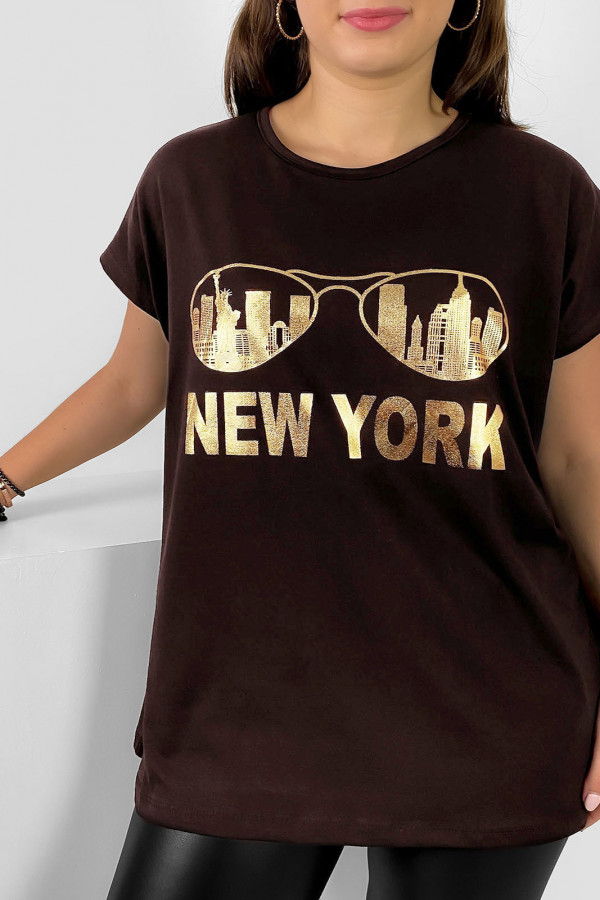 Nietoperz T-shirt damski plus size w kolorze gorzkiej czekolady złoty print okulary New York 2