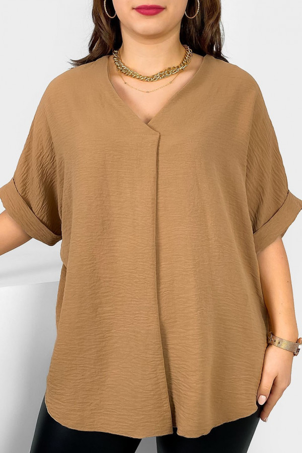Elegancka bluzka oversize koszula w kolorze camelowym stójka Asha