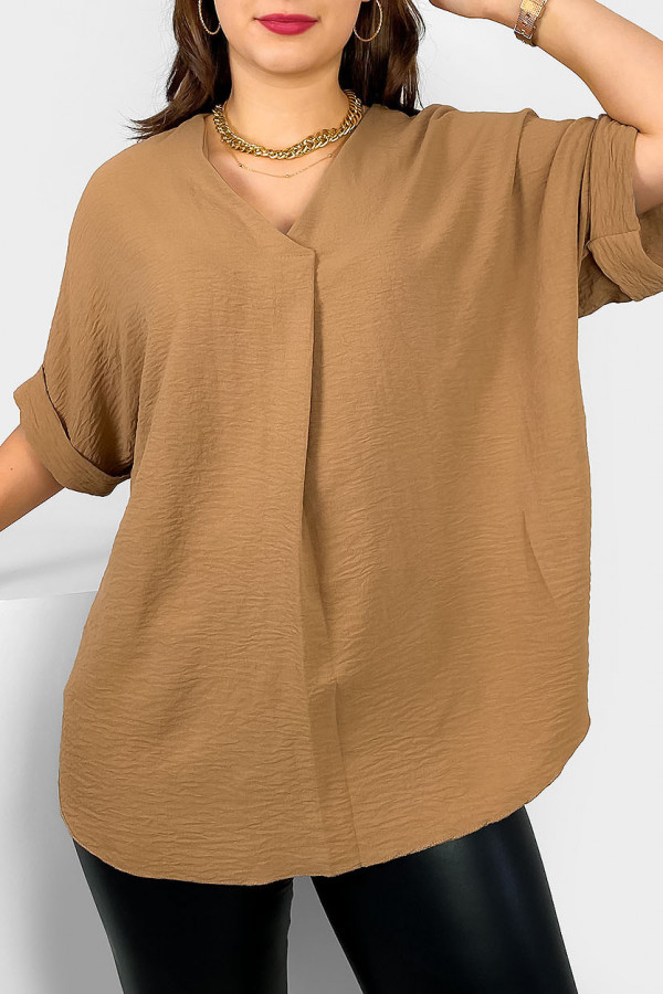 Elegancka bluzka oversize koszula w kolorze camelowym stójka Asha 2