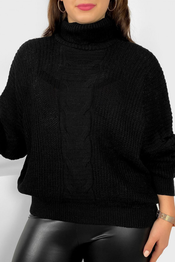 Szeroki oversize sweter golf damski plus size w kolorze czarnym warkocz Boro 2