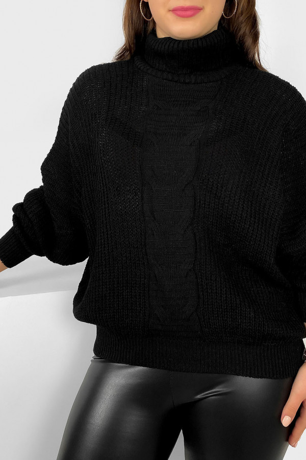Szeroki oversize sweter golf damski plus size w kolorze czarnym warkocz Boro 1