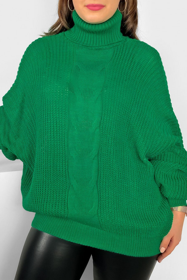 Szeroki oversize sweter golf damski plus size w kolorze zielonym warkocz Boro