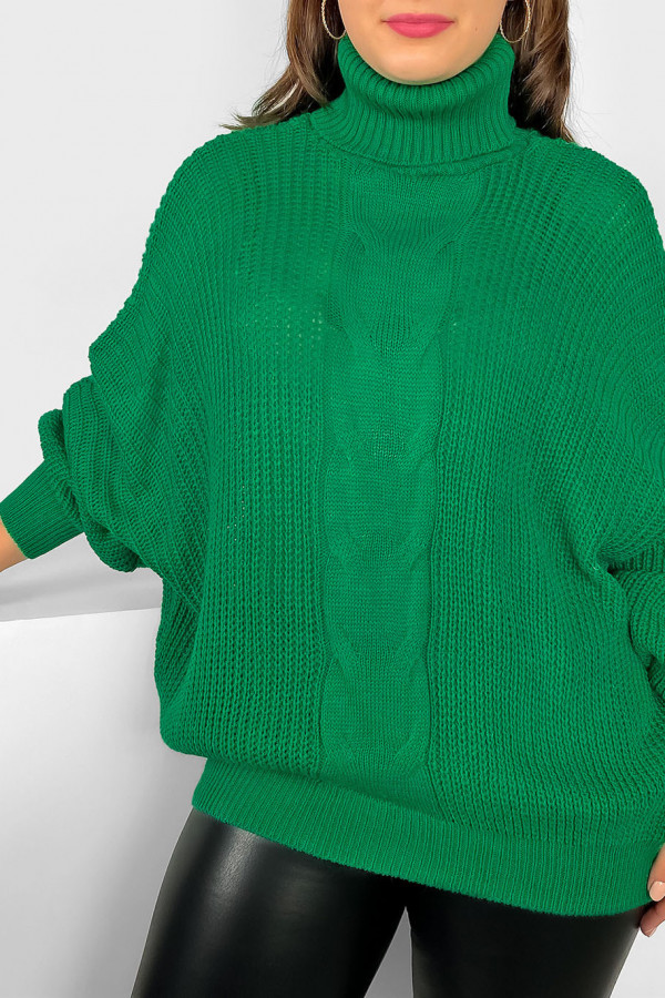 Szeroki oversize sweter golf damski plus size w kolorze zielonym warkocz Boro 1