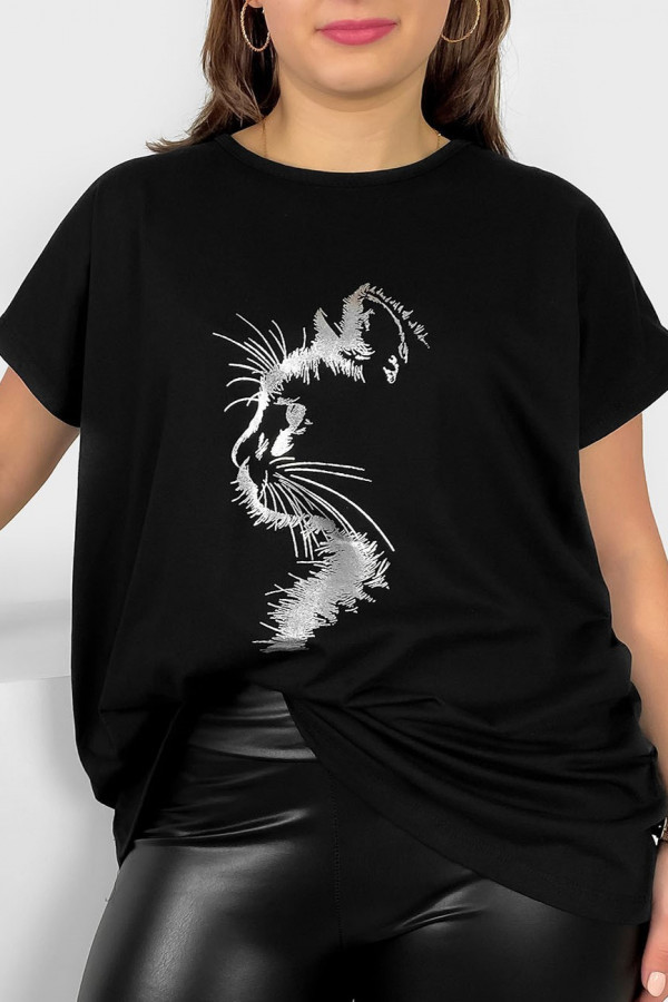 Nietoperz T-shirt damski plus size w kolorze czarnym srebrny print zarys kot