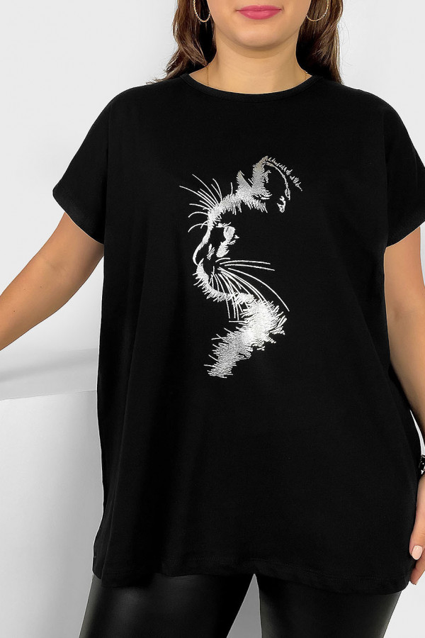 Nietoperz T-shirt damski plus size w kolorze czarnym srebrny print zarys kot 2