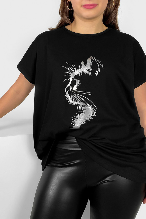 Nietoperz T-shirt damski plus size w kolorze czarnym srebrny print zarys kot 1