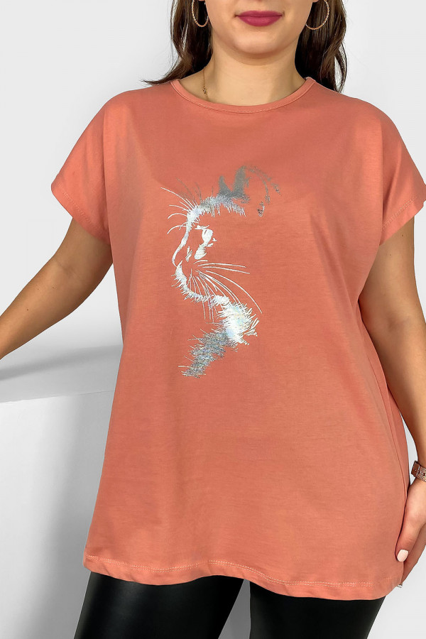 Nietoperz T-shirt damski plus size w kolorze brzoskwiniowym srebrny print zarys kot 2