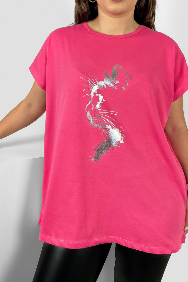 Nietoperz T-shirt damski plus size w kolorze różowym srebrny print zarys kot 2