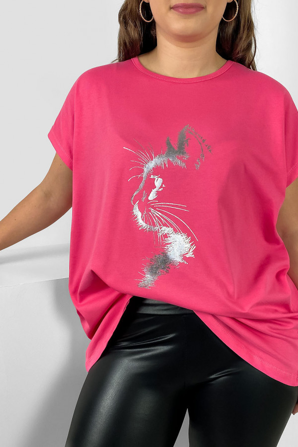 Nietoperz T-shirt damski plus size w kolorze różowym srebrny print zarys kot 1