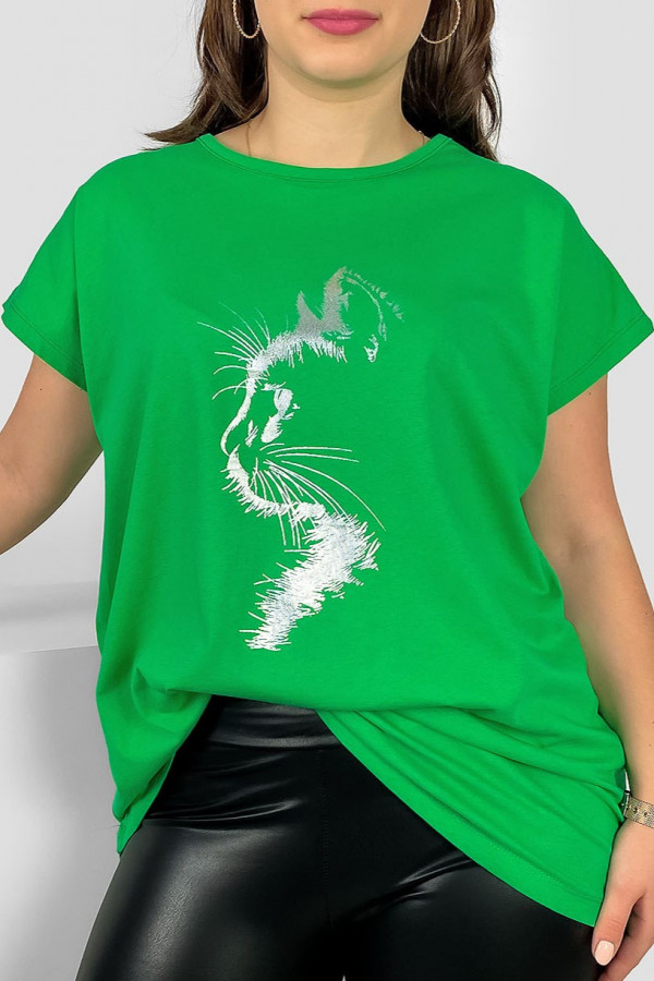 Nietoperz T-shirt damski plus size w kolorze zielonym srebrny print zarys kot