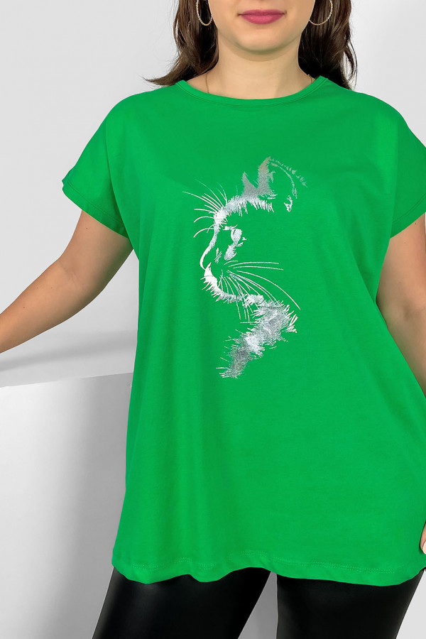 Nietoperz T-shirt damski plus size w kolorze zielonym srebrny print zarys kot 2
