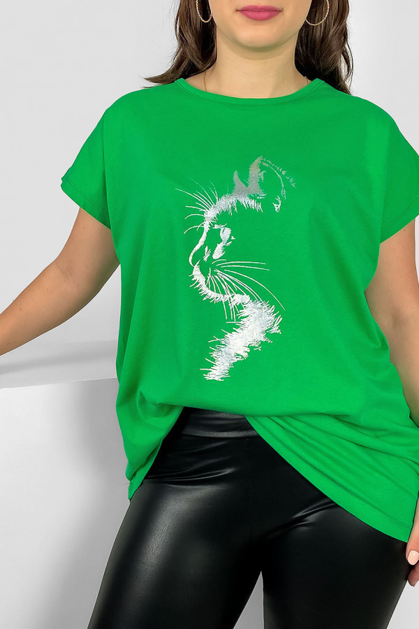 Nietoperz T-shirt damski plus size w kolorze zielonym srebrny print zarys kot 1