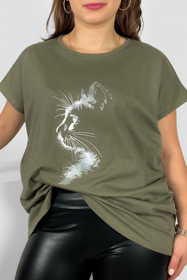 Nietoperz T-shirt damski plus size w kolorze khaki srebrny print zarys kot