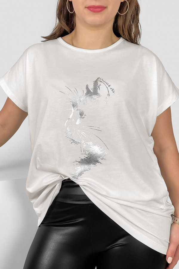 Nietoperz T-shirt damski plus size w kolorze ecru srebrny print zarys kot