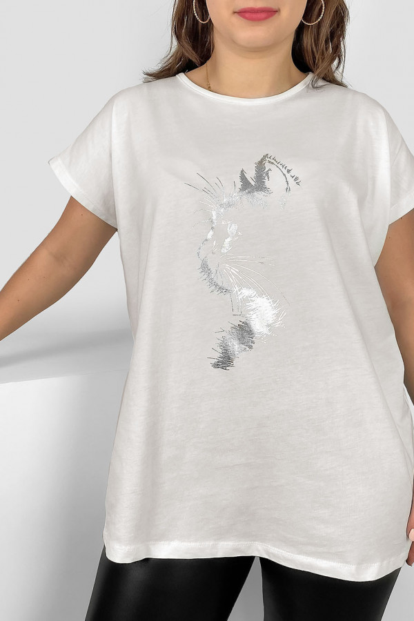 Nietoperz T-shirt damski plus size w kolorze ecru srebrny print zarys kot 2