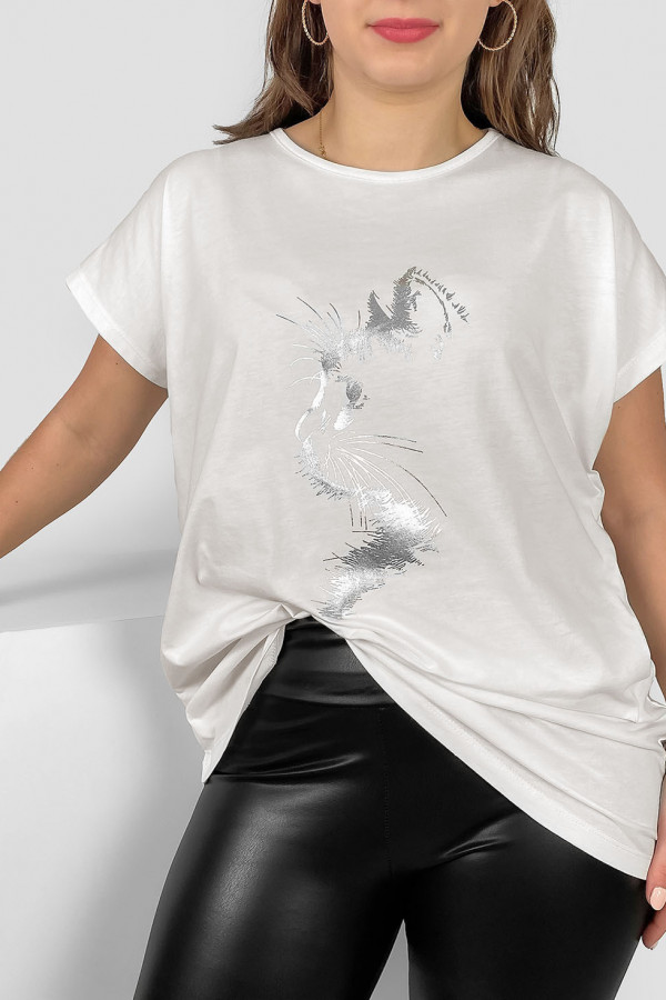 Nietoperz T-shirt damski plus size w kolorze ecru srebrny print zarys kot 1