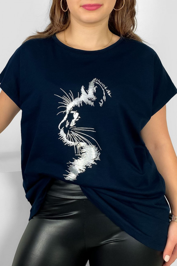 Nietoperz T-shirt damski plus size w kolorze granatowym srebrny print zarys kot