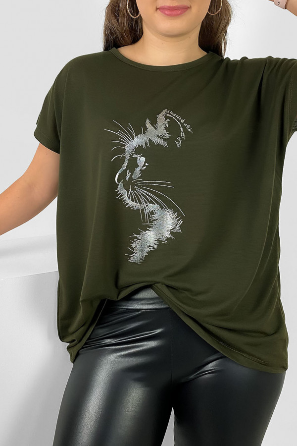 Nietoperz T-shirt damski plus size w kolorze dark khaki srebrny print zarys kot 2
