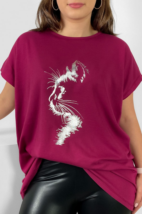 Nietoperz T-shirt damski plus size W DRUGIM GATUNKU w kolorze rubinowym srebrny print zarys kot