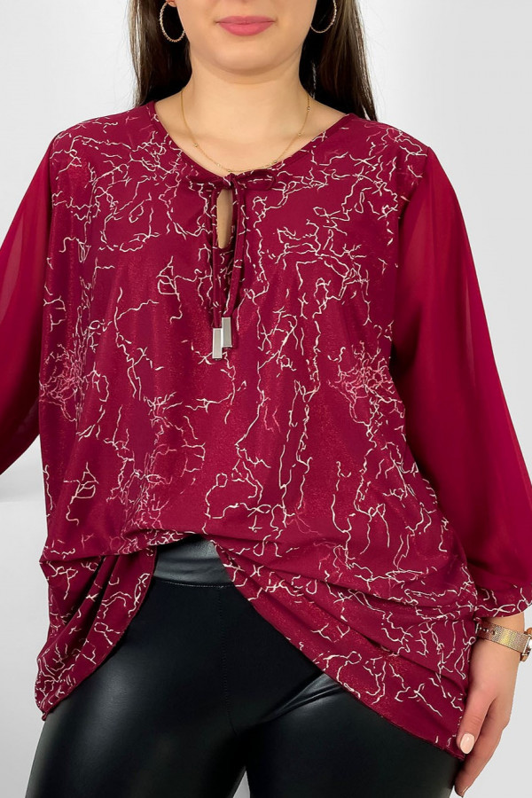 Szykowna elegancka bluzka sznurowany dekolt w kolorze bordowym szyfonowe rękawy błyszczący motyw Lori 4