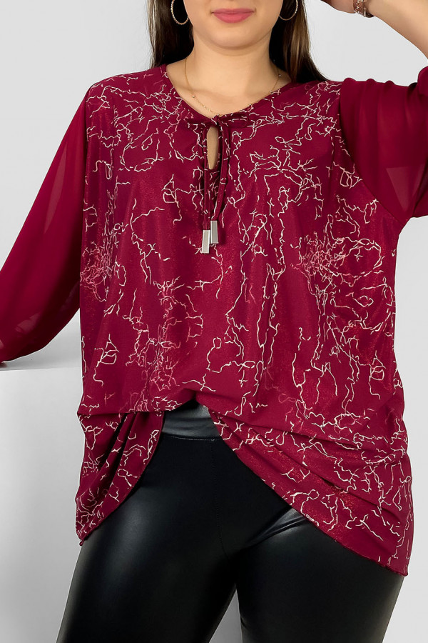 Szykowna elegancka bluzka sznurowany dekolt w kolorze bordowym szyfonowe rękawy błyszczący motyw Lori 2