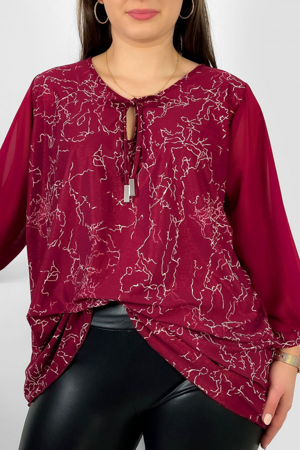 Szykowna elegancka bluzka sznurowany dekolt w kolorze bordowym szyfonowe rękawy błyszczący motyw Lori