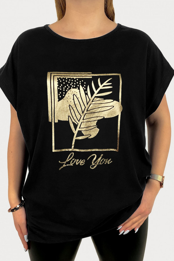 T-shirt damski plus size w kolorze czarnym złoty print liść love you