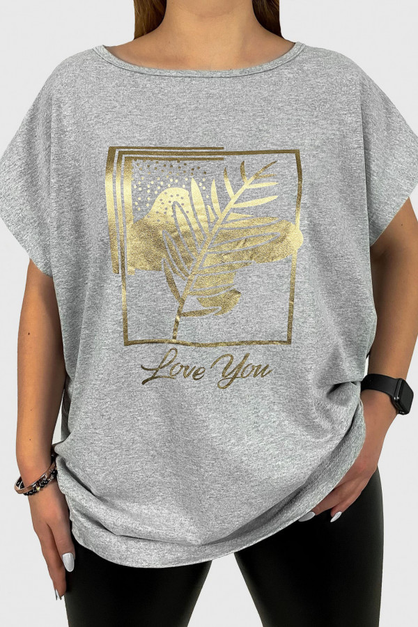 T-shirt damski plus size w kolorze szarym złoty print liść love you