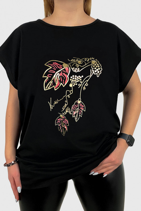 T-shirt damski plus size w kolorze czarnym złoty print grape