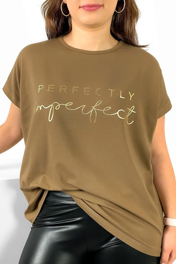Nietoperz T-shirt damski plus size w kolorze orzechowego brązu złoty print perfectly imperfect