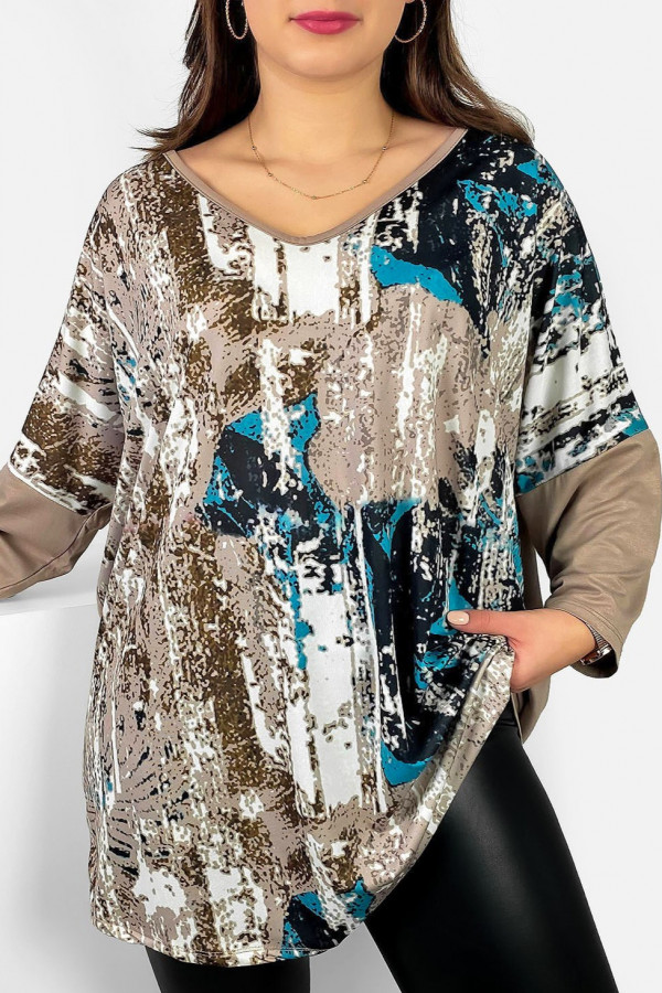 Tunika damska plus size dekolt w serek nietoperz wzór abstrakcyjny beż z turkusem długi rękaw Weenie