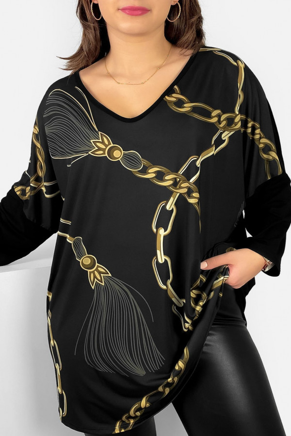 Tunika damska plus size dekolt w serek nietoperz wzór abstrakcyjny łańcuch długi rękaw Weenie