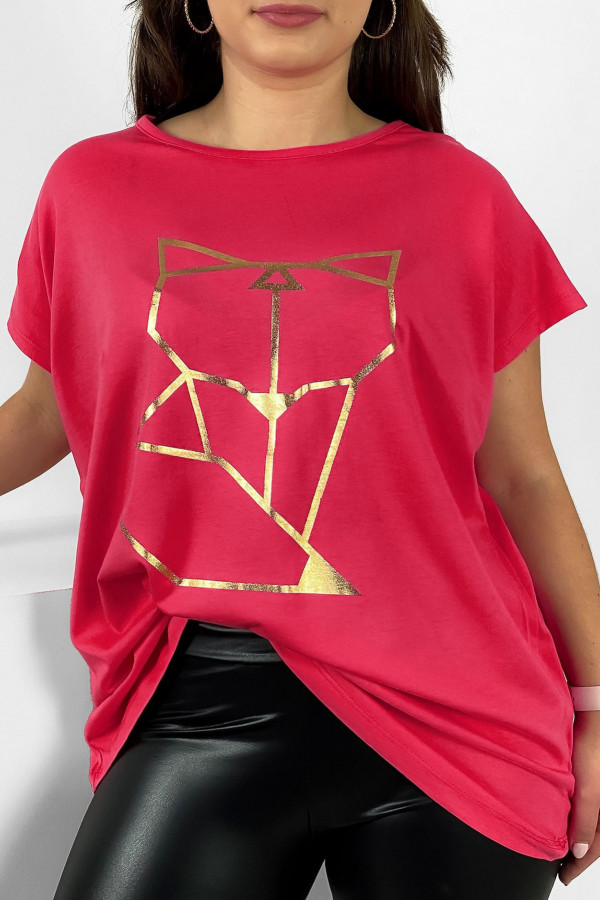 Nietoperz T-shirt damski plus size w kolorze malinowym geometryczny lisek