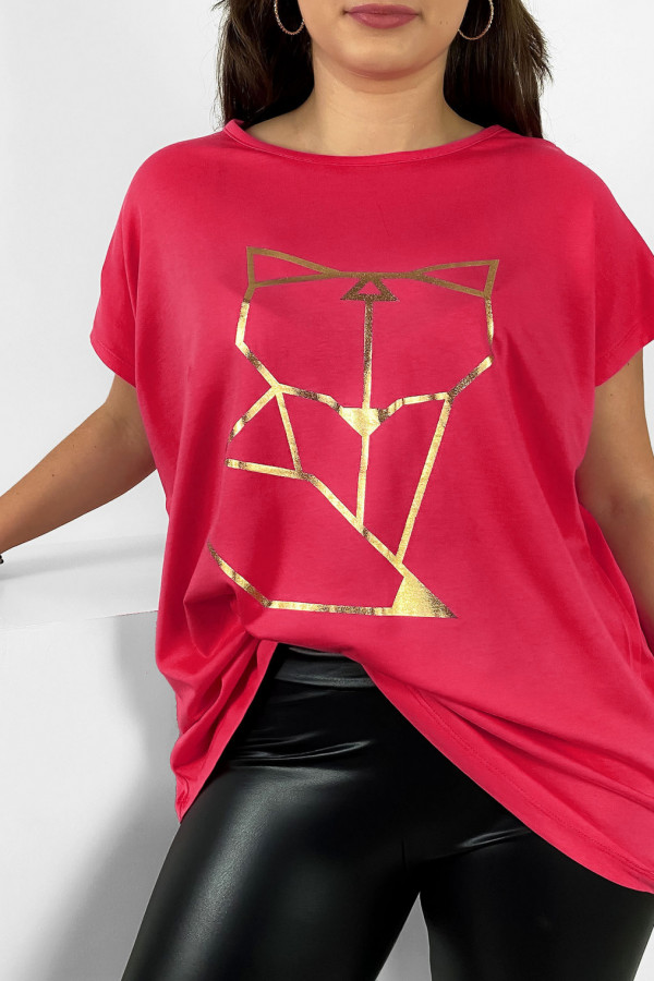 Nietoperz T-shirt damski plus size w kolorze malinowym geometryczny lisek 1