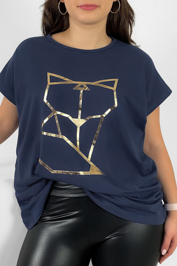 Nietoperz T-shirt damski plus size w kolorze grafitowego granatu geometryczny lisek 2