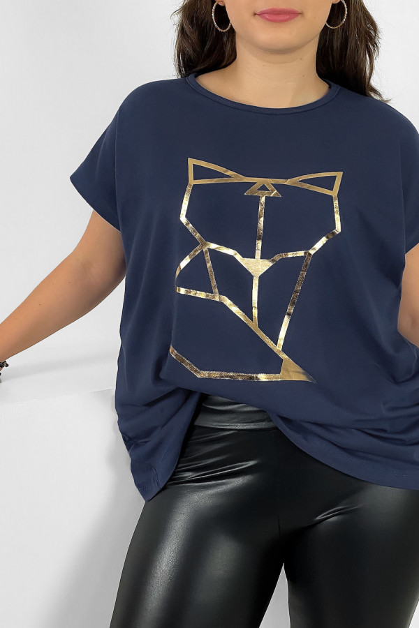 Nietoperz T-shirt damski plus size w kolorze grafitowego granatu geometryczny lisek 1
