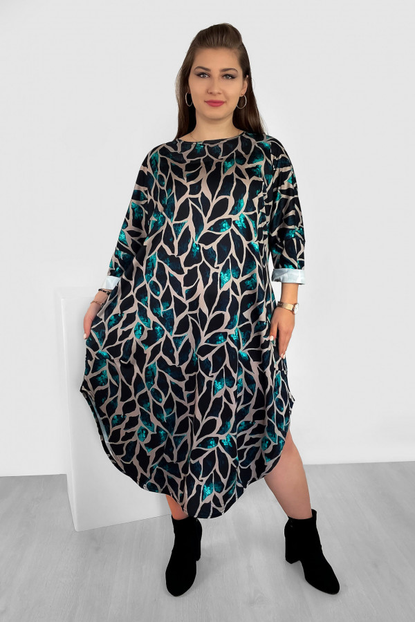 Luźna sukienka oversize plus size print liście turkus kieszenie Eira 3