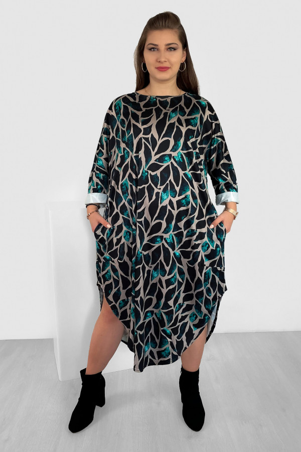 Luźna sukienka oversize plus size print liście turkus kieszenie Eira 1