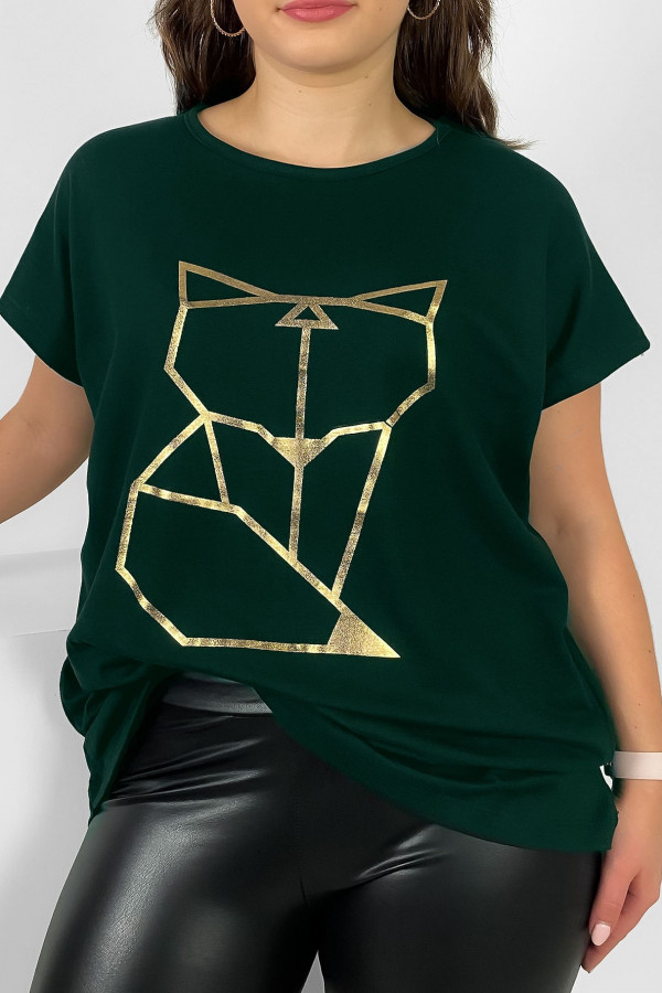 Nietoperz T-shirt damski plus size w kolorze butelkowej zieleni geometryczny lisek