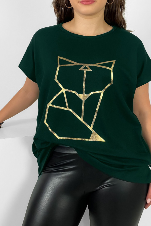 Nietoperz T-shirt damski plus size w kolorze butelkowej zieleni geometryczny lisek 1