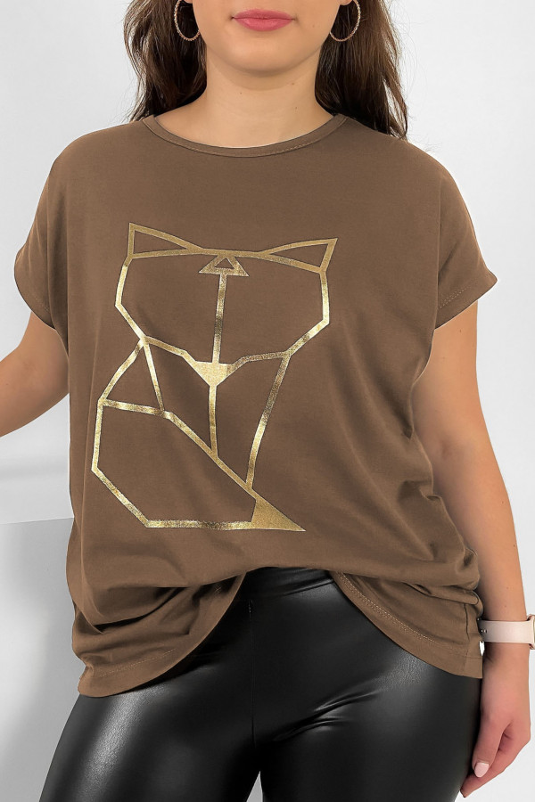 Nietoperz T-shirt damski plus size w kolorze orzechowego brązu geometryczny lisek 2