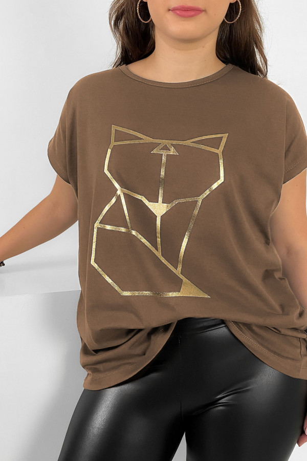 Nietoperz T-shirt damski plus size w kolorze orzechowego brązu geometryczny lisek 1
