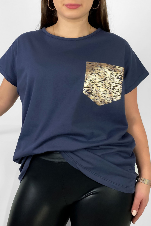 Nietoperz T-shirt damski plus size w kolorze grafitowego granatu print złota kieszonka