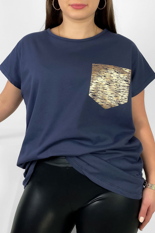 Nietoperz T-shirt damski plus size w kolorze grafitowego granatu print złota kieszonka 2